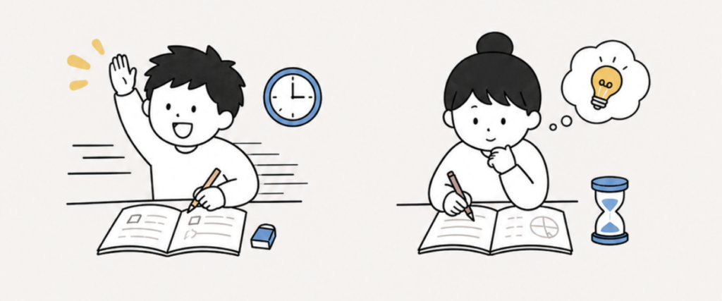 テンポよく進む授業で力を伸ばす子　じっくり考える時間がある方が伸びる子