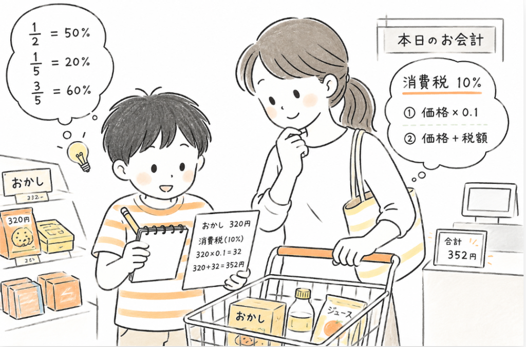 分数が理解が出来て、消費税の計算をしながらお買い物をお母さんとしている雰囲気