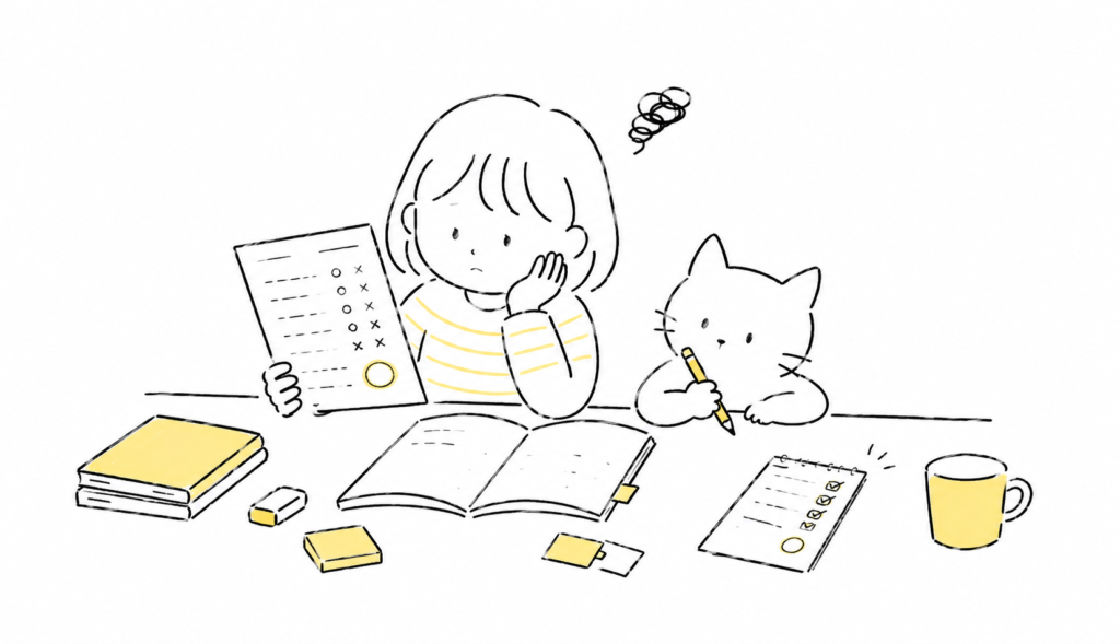 小学生の女の子が、点数が下がったテスト用紙を見て少ししょんぼりしている
